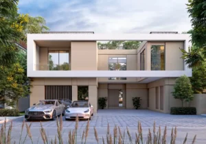 Front elevation of the Type 5B villa at Sobha Elwood showcasing a contemporary two-storey design, covered parking, clean architectural lines, and landscaped surroundings within a premium master-planned community in Dubai, Presented by Tohid Fetrat