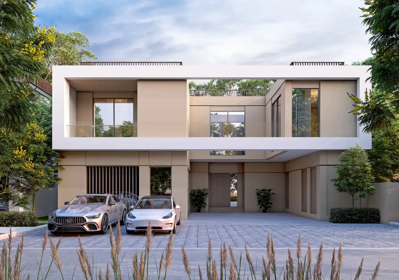Front elevation of the Type 5B villa at Sobha Elwood showcasing a contemporary two-storey design, covered parking, clean architectural lines, and landscaped surroundings within a premium master-planned community in Dubai, Presented by Tohid Fetrat