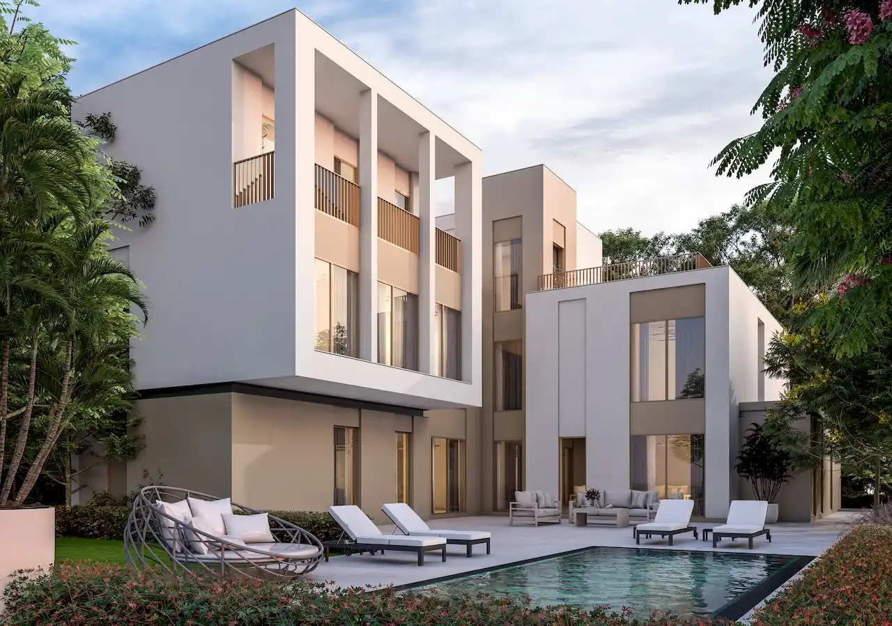Courtyard view of the Type 6A villa at Sobha Elwood featuring contemporary multi-level architecture, a private swimming pool, floor-to-ceiling windows, and landscaped outdoor seating within a luxury master-planned community in Dubai, Presented by Tohid Fetrat