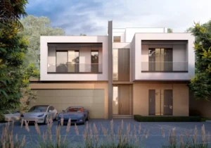 Front elevation of the Type 6A villa at Sobha Elwood showcasing contemporary two-storey architecture, clean geometric lines, floor-to-ceiling windows, and private covered parking within a luxury master-planned community in Dubai, Presented by Tohid Fetrat