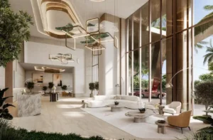 Luxury lobby interior at Soulever featuring double-height ceilings, sculptural lighting, refined natural materials, and floor-to-ceiling glazing that creates a serene Gulf-inspired arrival experience in Dubai. Presented by Tohid Fetrat.