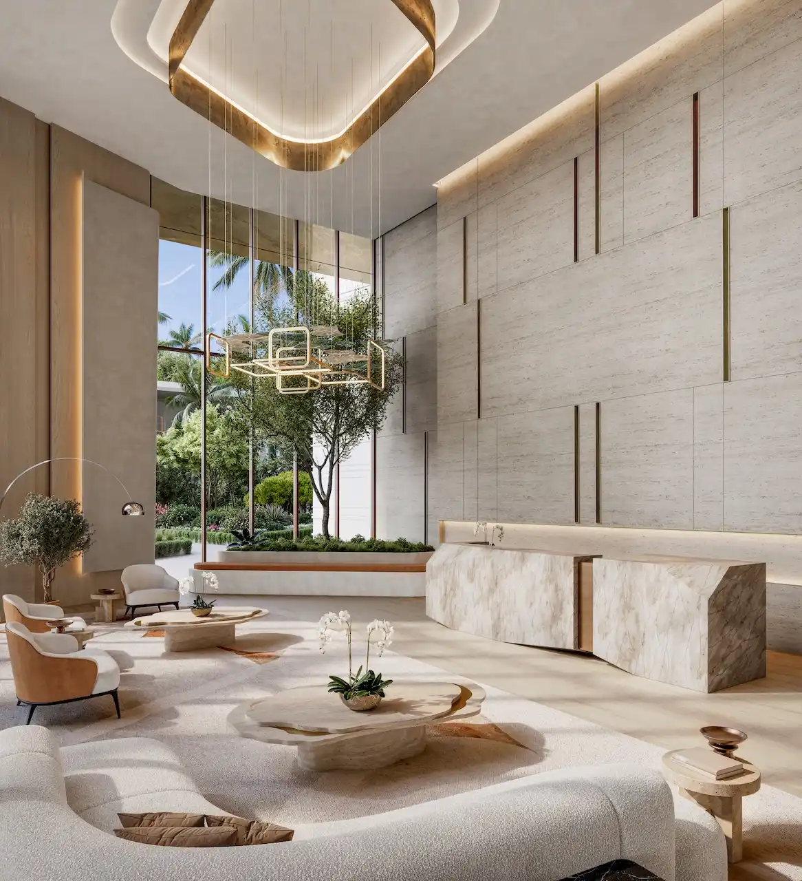 Luxury lobby interior at Soulever showcasing natural stone walls, sculptural reception desk, soft lounge seating, and artistic lighting within a double-height space inspired by Gulf elegance in Dubai. Presented by Tohid Fetrat.