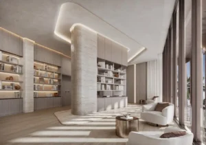 Luxury private library interior at Soulever, featuring bespoke shelving, refined neutral materials, floor-to-ceiling windows, and a serene Gulf-facing ambiance in Dubai. Presented by Tohid Fetrat.
