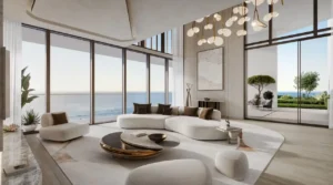 Penthouse living room at Soulever featuring panoramic Gulf views, floor to ceiling glass, soft neutral interiors, sculptural furniture, and seamless indoor outdoor living in Dubai. Presented by Tohid Fetrat.