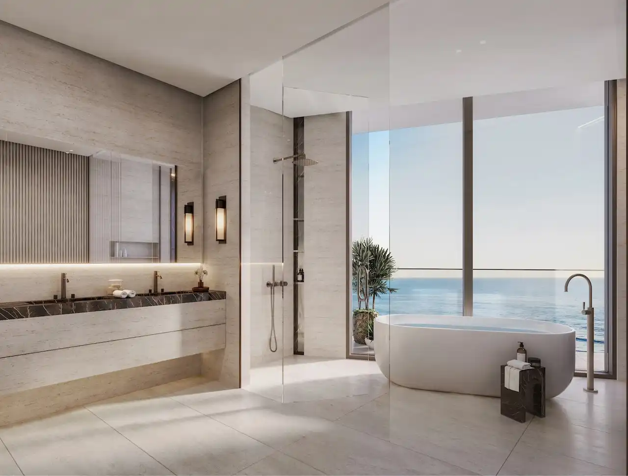 Penthouse master bathroom at Soulever with panoramic Gulf views, freestanding bathtub, floor to ceiling glass, natural stone finishes, and spa inspired luxury design in Dubai. Presented by Tohid Fetrat.