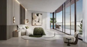Luxury penthouse bedroom at Soulever with panoramic Gulf views, floor to ceiling glass, refined contemporary interiors, and private waterfront living in Dubai. Presented by Tohid Fetrat.