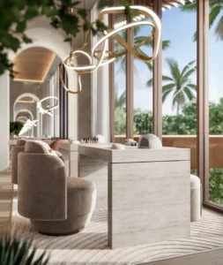 Luxury spa treatment rooms at Soulever featuring elegant stone finishes, designer lighting, and serene garden views within a premium Gulf-facing residential development in Dubai. Presented by Tohid Fetrat.