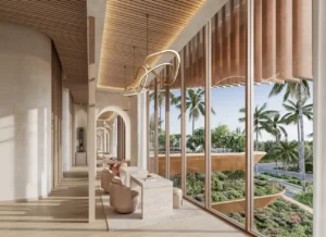 Luxury spa corridor at Soulever featuring private wellness stations, sculptural lighting, natural wood ceilings, and panoramic garden views within a Gulf-facing residential development in Dubai. Presented by Tohid Fetrat.
