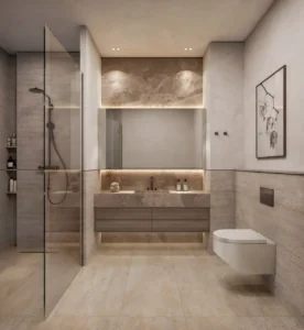 Modern bathroom in a three bedroom apartment at Soulever featuring natural stone finishes, walk in glass shower, floating vanity, soft ambient lighting, and refined contemporary design in Dubai. Presented by Tohid Fetrat.