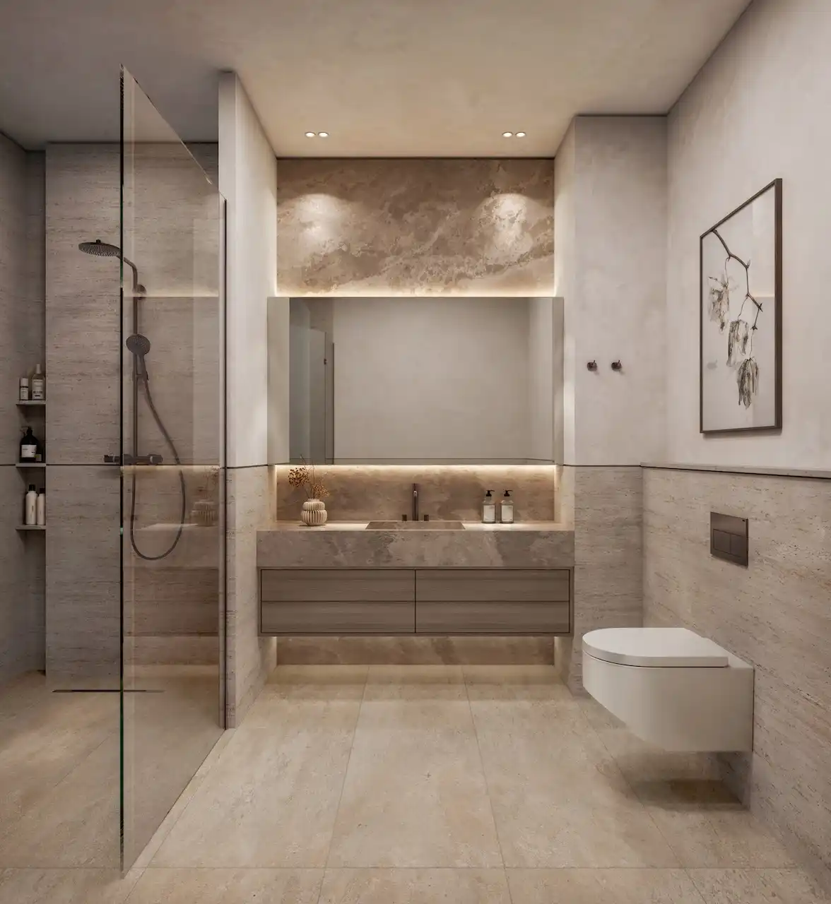 Modern bathroom in a three bedroom apartment at Soulever featuring natural stone finishes, walk in glass shower, floating vanity, soft ambient lighting, and refined contemporary design in Dubai. Presented by Tohid Fetrat.