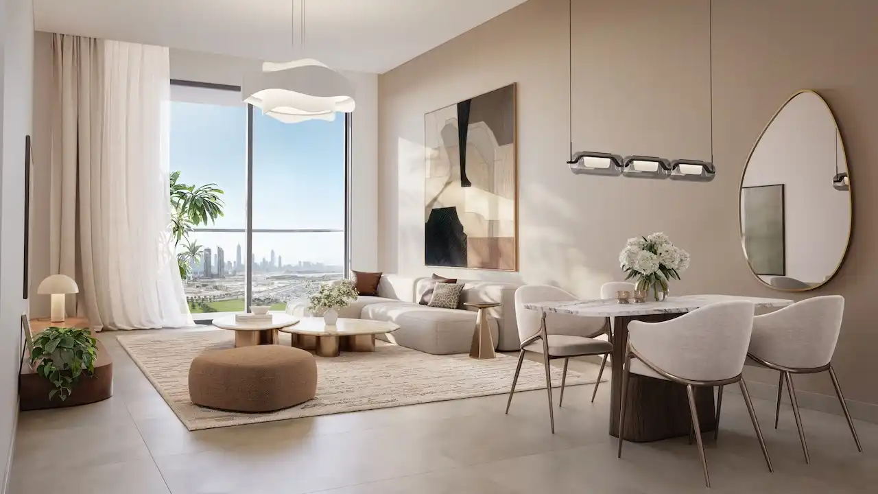 Modern one-bedroom living and dining interior at The Edit at d3 with floor-to-ceiling windows, soft neutral finishes, and Dubai skyline views in Dubai Design District, Presented by Tohid Fetrat