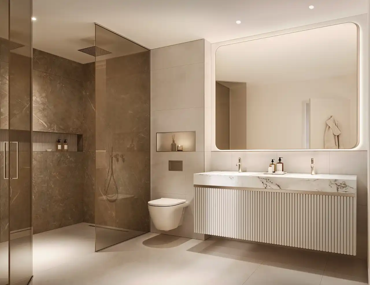 Luxury three-bedroom bathroom interior at The Edit at d3 featuring modern marble finishes, walk-in glass shower, and minimalist vanity design in Dubai Design District, Presented by Tohid Fetrat