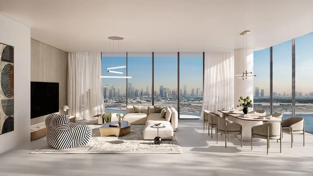 Luxury four-bedroom living and dining interior at The Edit at d3 with an expansive open-plan layout, contemporary furniture, floor-to-ceiling windows, and uninterrupted Dubai skyline and waterfront views in Dubai Design District, Presented by Tohid Fetrat