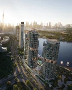 Aerial skyline view of The Edit at d3 waterfront towers overlooking Dubai Design District and Downtown Dubai, Presented by Tohid Fetrat