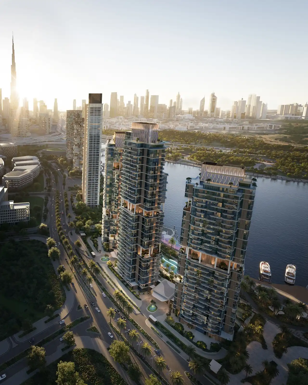 Aerial skyline view of The Edit at d3 waterfront towers overlooking Dubai Design District and Downtown Dubai, Presented by Tohid Fetrat