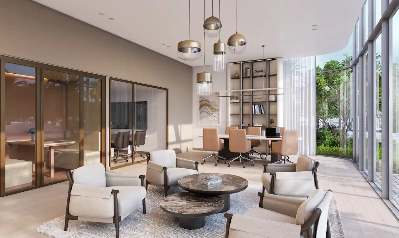 Modern coworking lounge with meeting rooms, workstations, and floor-to-ceiling windows at The Edit at d3 in Dubai Design District, Presented by Tohid Fetrat