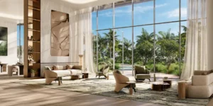 Family lounge with floor-to-ceiling windows, elegant seating areas, and lush garden views at The Edit at d3 in Dubai Design District, Presented by Tohid Fetrat