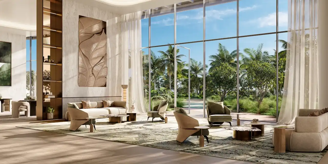 Family lounge with floor-to-ceiling windows, elegant seating areas, and lush garden views at The Edit at d3 in Dubai Design District, Presented by Tohid Fetrat