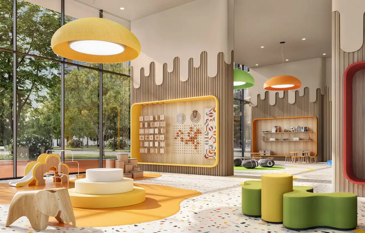 Bright and playful kids club with interactive learning areas, soft play zones, and floor-to-ceiling windows at The Edit at d3 in Dubai Design District, Presented by Tohid Fetrat