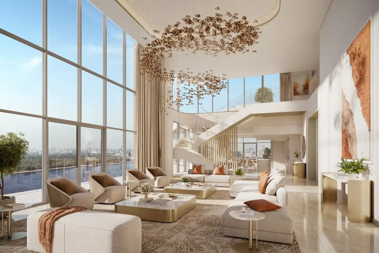 Double-height penthouse living room interior at The Edit at d3 with floor-to-ceiling glass windows, sculptural chandelier, panoramic waterfront views, and refined contemporary luxury design, Presented by Tohid Fetrat