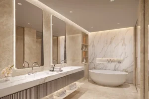 Luxury penthouse master bathroom interior at The Edit at d3 featuring elegant marble finishes, double vanity with illuminated mirrors, freestanding bathtub, and refined contemporary design in Dubai Design District, Presented by Tohid Fetrat