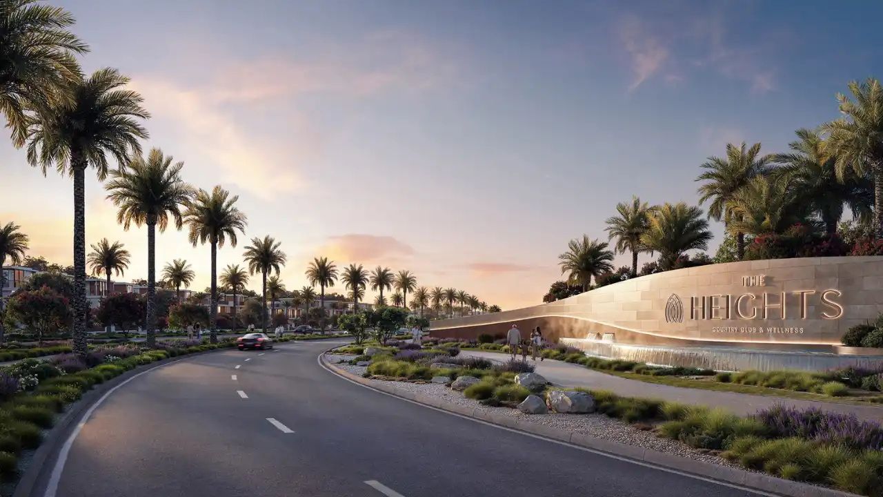 Main entrance view of The Heights by Emaar featuring a landscaped boulevard, palm lined roadway, illuminated community signage, water feature, and a calm residential arrival experience in Dubai. Presented by Tohid Fetrat.