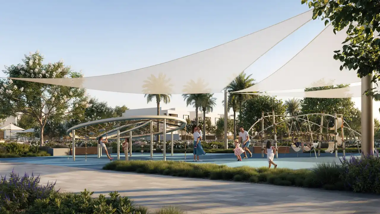 Family friendly outdoor playground at The Heights by Emaar featuring shaded play areas, landscaped gardens, and children enjoying safe open spaces within a wellness focused residential community in Dubai. Presented by Tohid Fetrat.