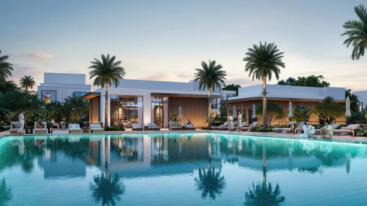 Lagoon side clubhouse and wellness pool at The Heights by Emaar featuring a modern resort style pavilion, palm lined surroundings, and residents enjoying a tranquil lifestyle setting within a master planned community in Dubai. Presented by Tohid Fetrat.