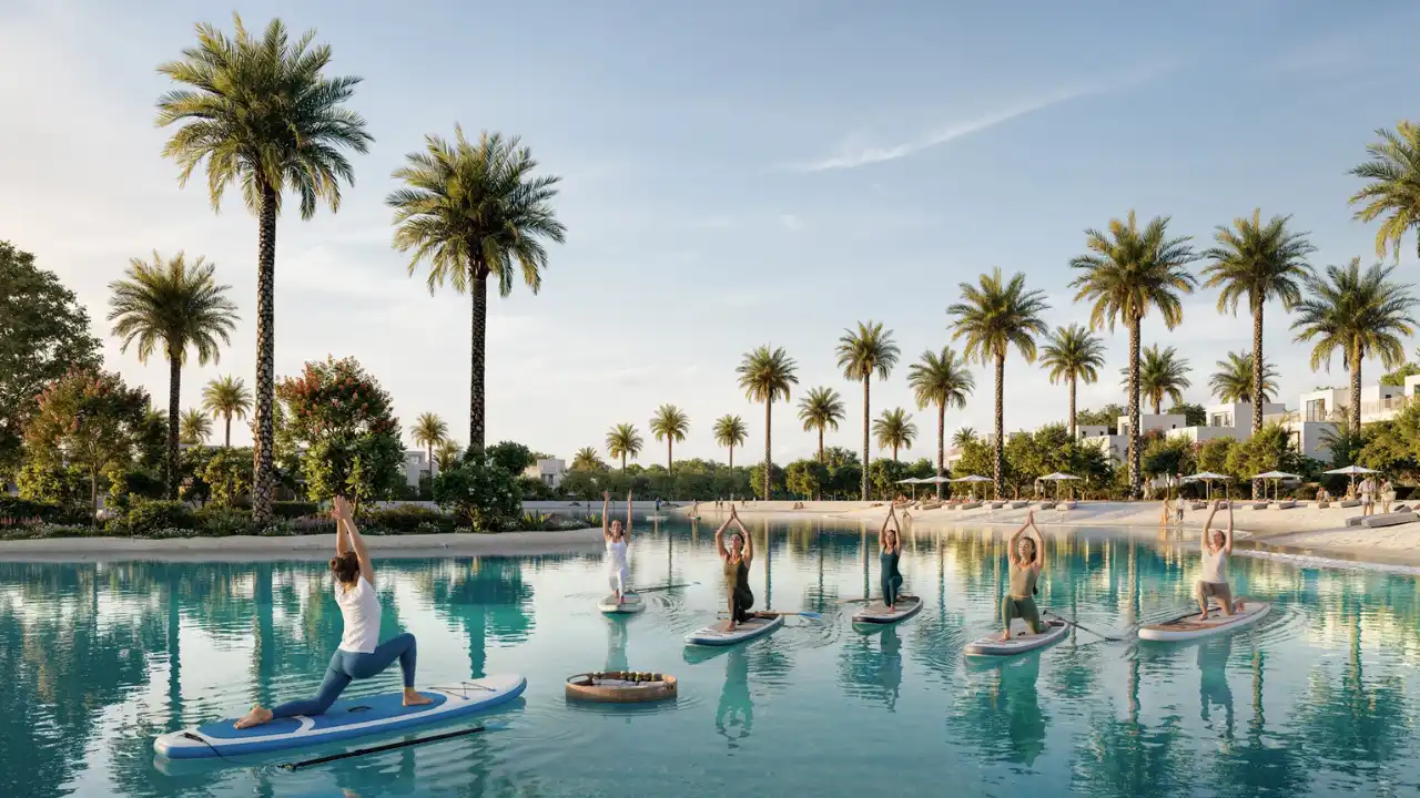 Outdoor lagoon yoga session at The Heights by Emaar featuring residents practicing paddleboard yoga on calm turquoise water surrounded by palm trees and landscaped greenery within a wellness focused residential community in Dubai. Presented by Tohid Fetrat.