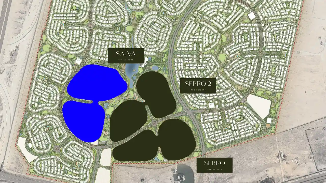 Master plan view showing the location of the Salva villa cluster within The Heights by Emaar, surrounded by lagoons, landscaped green corridors, and residential neighborhoods in Dubai. Presented by Tohid Fetrat.