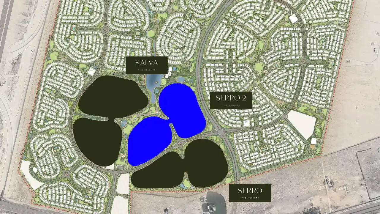 Master plan view showing the location of the Serro 2 villa cluster within The Heights by Emaar, surrounded by lagoons, landscaped green corridors, and residential neighborhoods in Dubai. Presented by Tohid Fetrat.