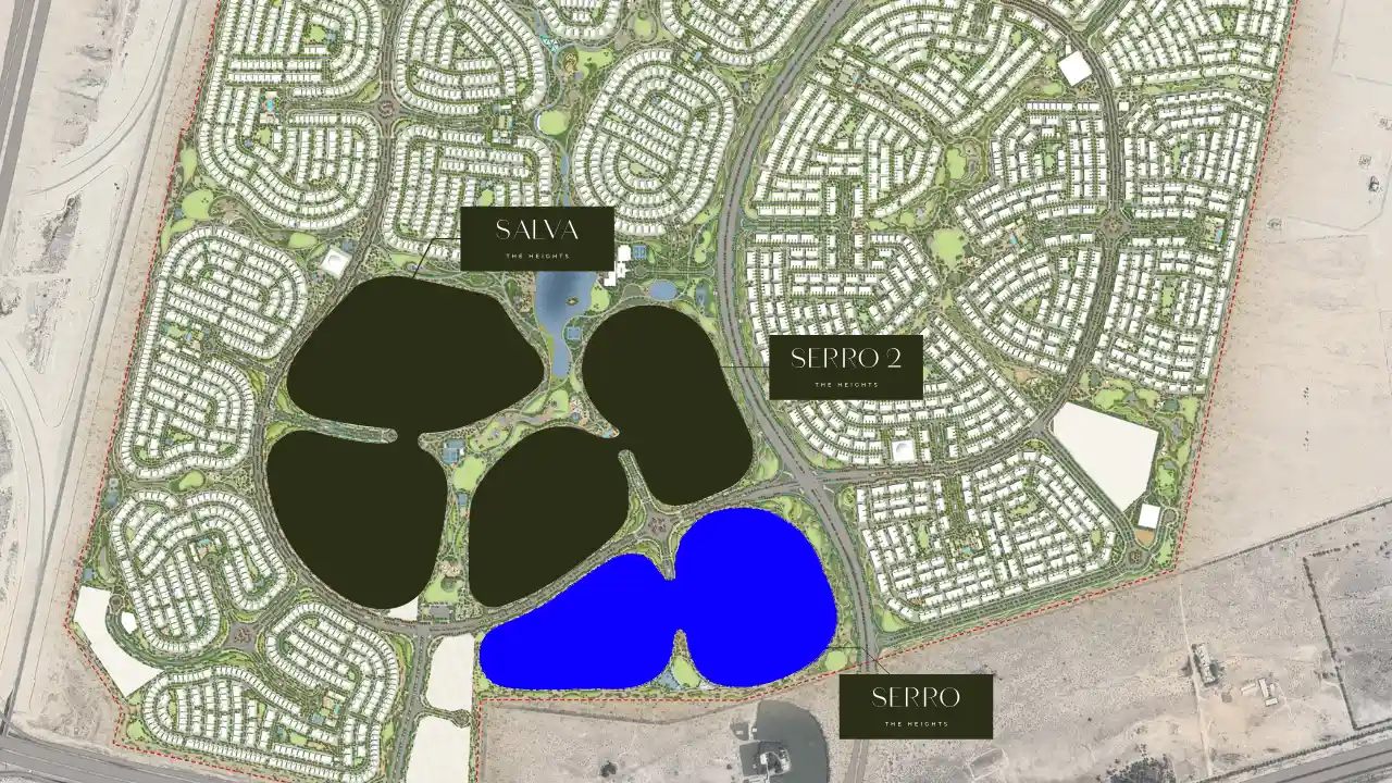 Master plan view showing the location of the Serro villa cluster within The Heights by Emaar, surrounded by lagoons, landscaped green corridors, and residential neighborhoods in Dubai. Presented by Tohid Fetrat.