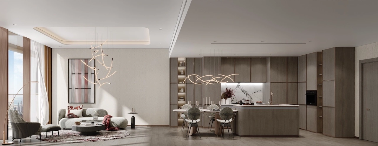 Luxury 1 bedroom apartment interior at The Symphony Tower by Imtiaz featuring an open-plan living and kitchen layout, elegant finishes, and contemporary design in Dubai, Presented by Tohid Fetrat