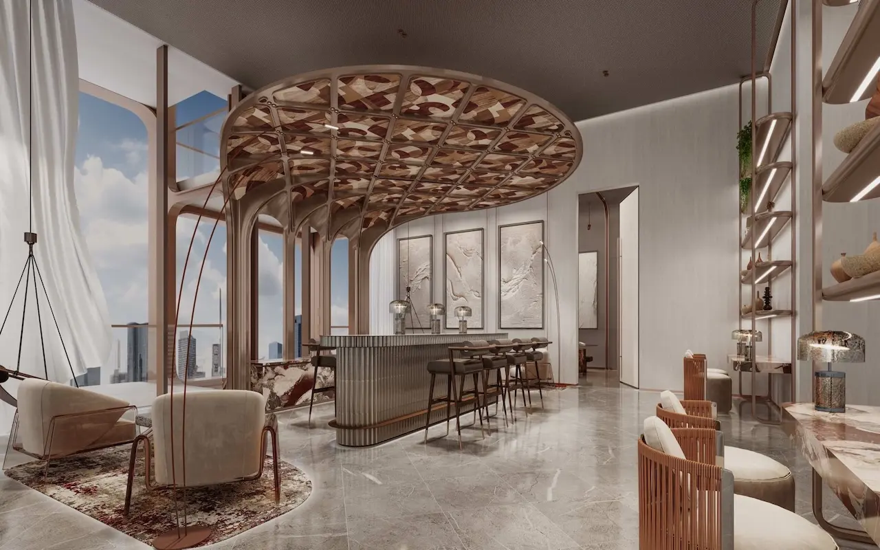 Luxury clubhouse lounge interior at The Symphony Tower by Imtiaz featuring a sculptural ceiling canopy, elegant bar seating, refined marble flooring, and contemporary design in Dubai, Presented by Tohid Fetrat