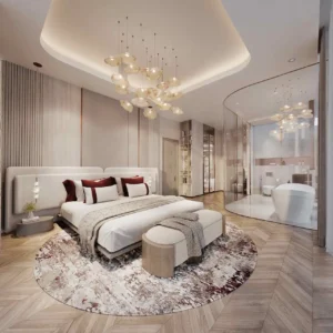 Luxury duplex master bedroom at The Symphony Tower by Imtiaz featuring a bespoke bed, sculptural glass chandelier, warm wood flooring, elegant textures, and an open glass bathroom design in Dubai, Presented by Tohid Fetrat