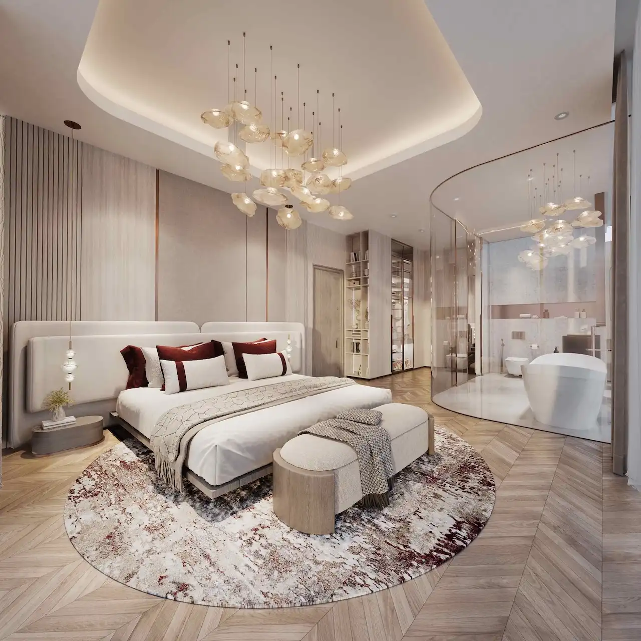 Luxury duplex master bedroom at The Symphony Tower by Imtiaz featuring a bespoke bed, sculptural glass chandelier, warm wood flooring, elegant textures, and an open glass bathroom design in Dubai, Presented by Tohid Fetrat