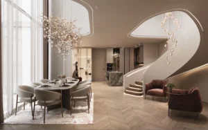 Luxury duplex residence interior at The Symphony Tower by Imtiaz featuring a sculptural curved staircase, statement chandeliers, elegant dining area, and refined contemporary design in Dubai, Presented by Tohid Fetrat