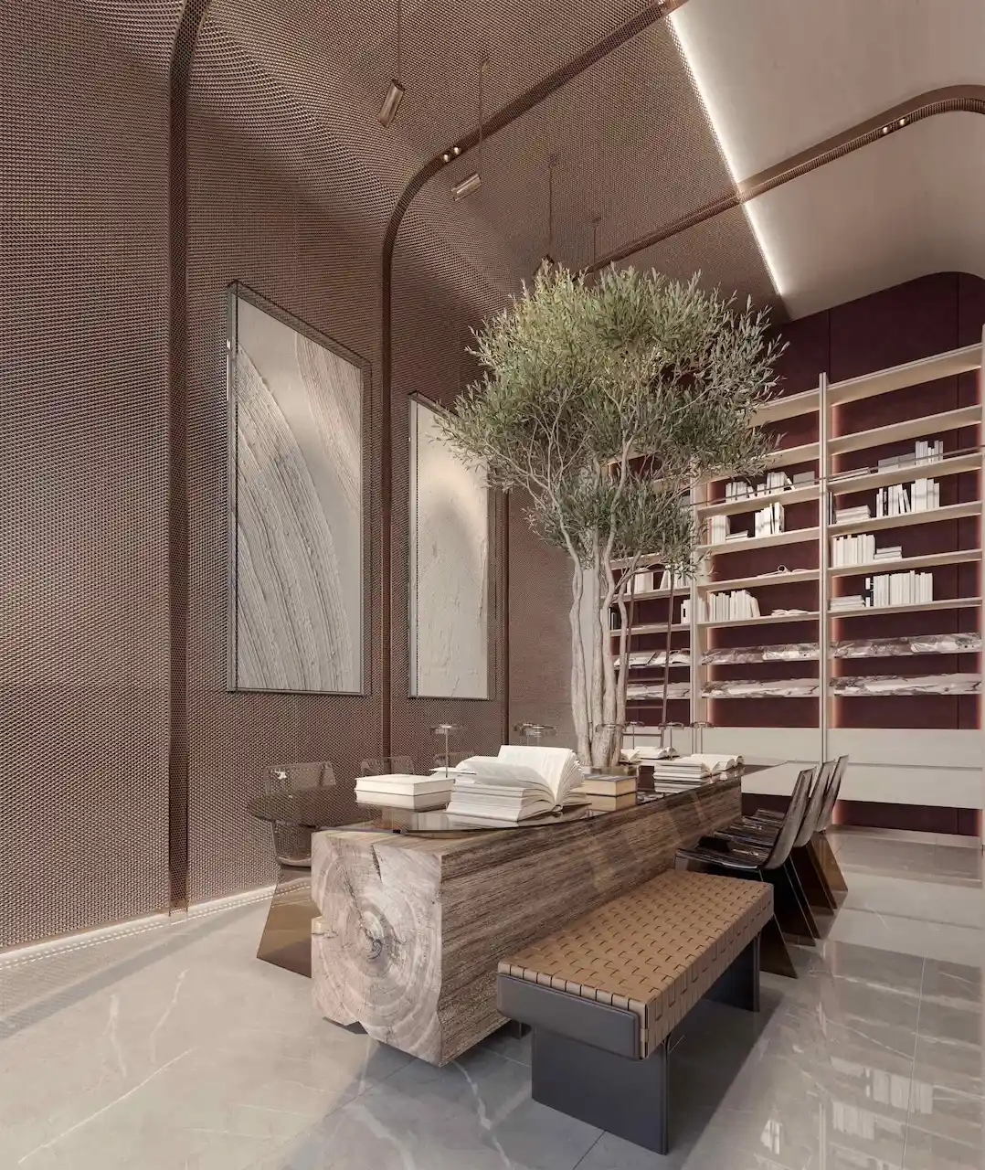 Luxury library and reading area at The Symphony Tower by Imtiaz featuring a sculptural solid-wood table, indoor tree centerpiece, built-in bookshelves, refined mesh wall textures, and contemporary architectural lighting, Presented by Tohid Fetrat