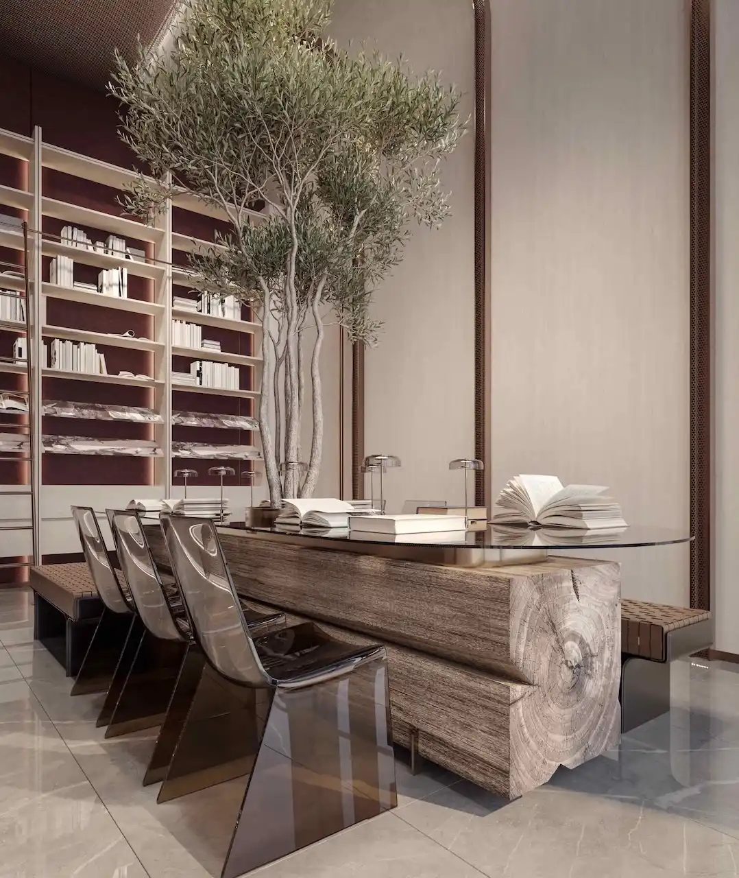 Luxury library and reading lounge interior at The Symphony Tower by Imtiaz featuring a sculptural wooden table, designer seating, integrated bookshelves, indoor tree, and refined contemporary design, Presented by Tohid Fetrat