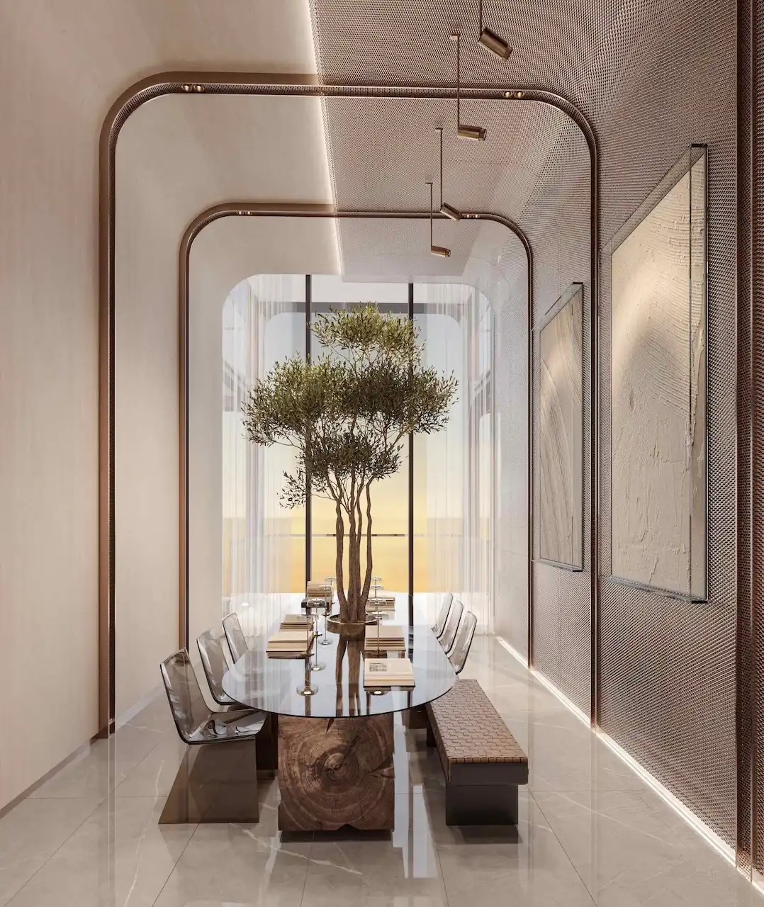 Luxury library and reading room interior at The Symphony Tower by Imtiaz featuring a sculptural glass-and-wood table, indoor tree centerpiece, transparent designer chairs, arched architectural details, and refined contemporary finishes, Presented by Tohid Fetrat