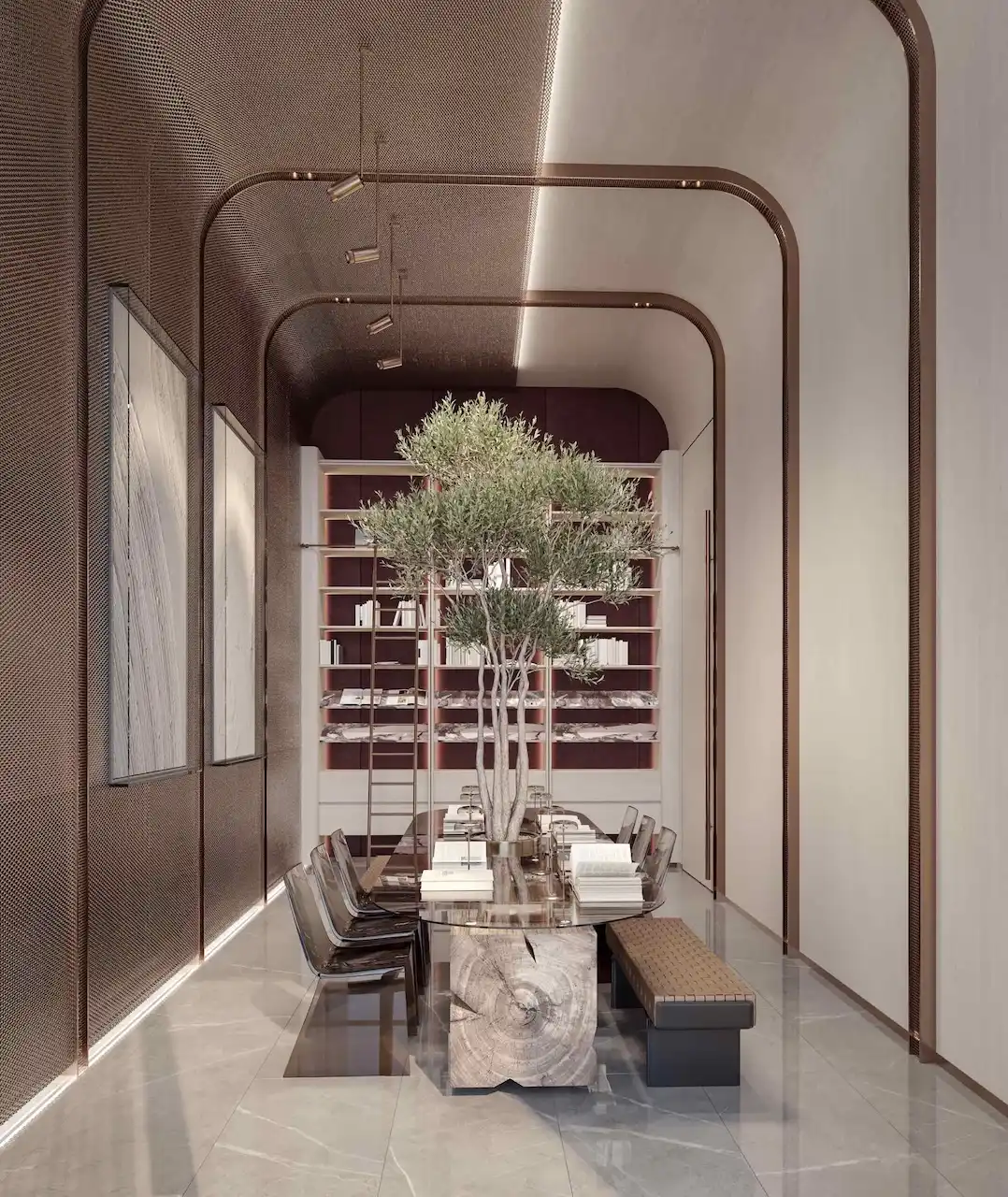 Luxury library and study room interior at The Symphony Tower by Imtiaz featuring a sculptural stone table, indoor tree centerpiece, designer seating, integrated bookshelves, and refined contemporary architecture, Presented by Tohid Fetrat
