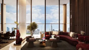 Luxury office lounge interior at The Symphony Tower by Imtiaz featuring floor-to-ceiling windows, panoramic Dubai skyline views, sculptural seating, refined textures, and contemporary design elements, Presented by Tohid Fetrat