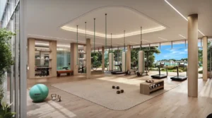 نمای داخلی باشگاه ورزشی پالم سنترال در پالم جمیرا با تجهیزات پیشرفته بدنسازی، فضاهای تمرینی متنوع، متریال چوبی مدرن و پنجره‌ های قدی با دید به محوطه‌ های سبز بیرونی. ارائه شده توسط توحید فطرت.