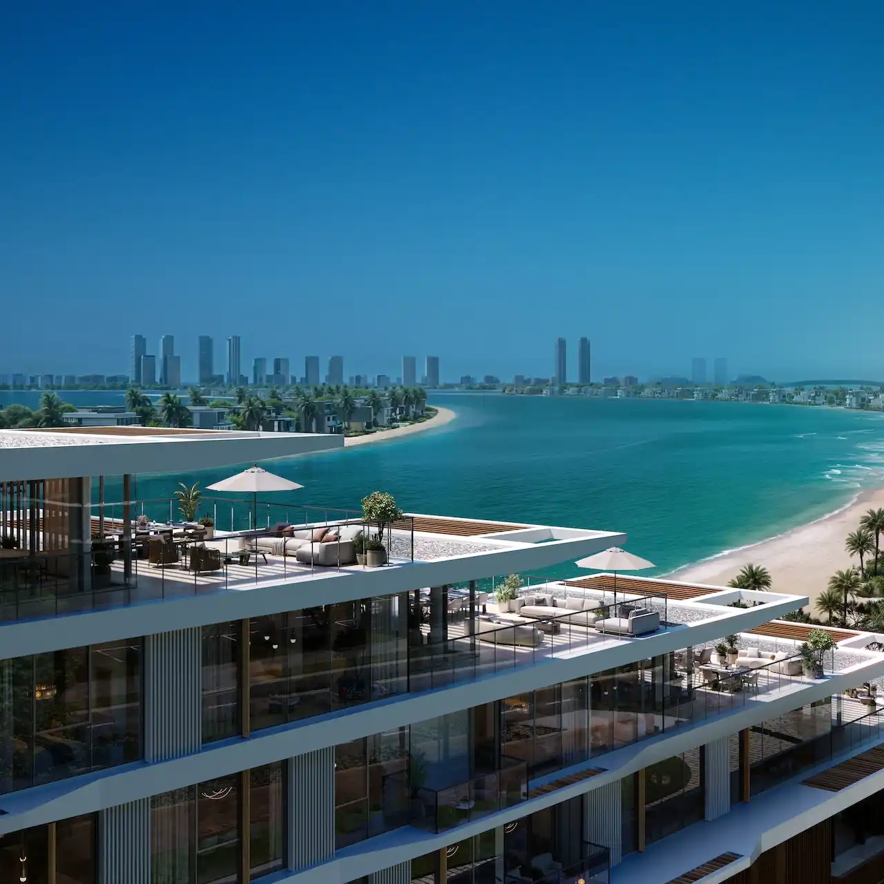 Palm Jumeirah uzerindeki Palm Central projesinde yer alan yuksek roftop teraslar; panoramik deniz manzarasi, ozel dis mekan oturma alanlari, modern dusuk katli mimari ve essiz sahil konumu sunmaktadir. Tohid Fetrat tarafindan sunulmustur.