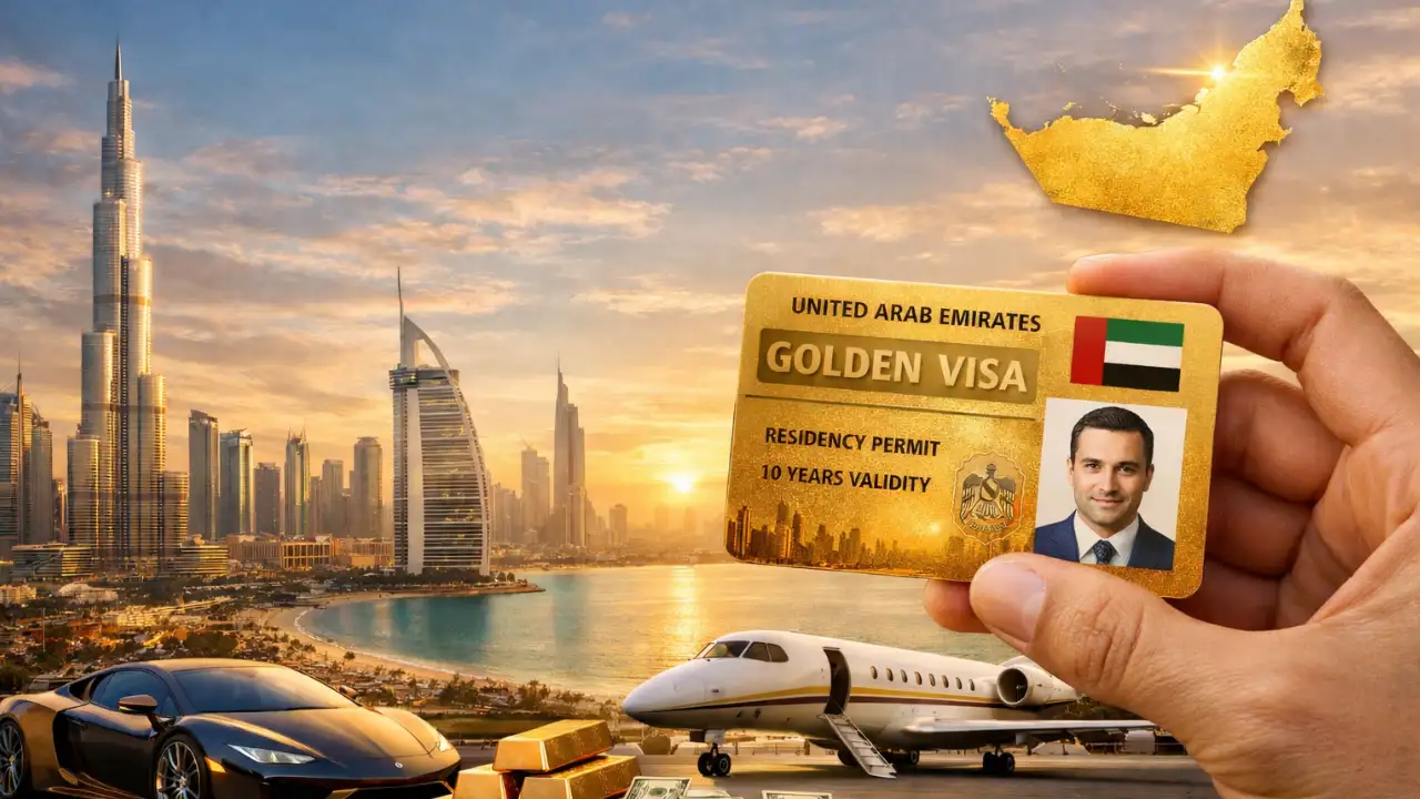 UAE Golden Visa residency card held in hand against the Dubai skyline with Burj Khalifa, luxury car, private jet, gold bars, and financial assets, representing long term residency through investment in Dubai. Presented by Tohid Fetrat.
