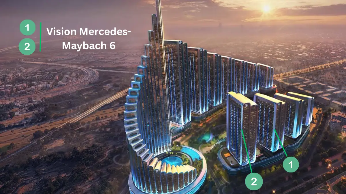 Aerial location view of Vision Mercedes-Maybach 6 positioned within the Mercedes Benz Places-Binghatti City community, highlighting stepped tower architecture, illuminated façades, landscaped podium areas, and its integrated placement inside a master planned development in Dubai. Presented by Tohid Fetrat.