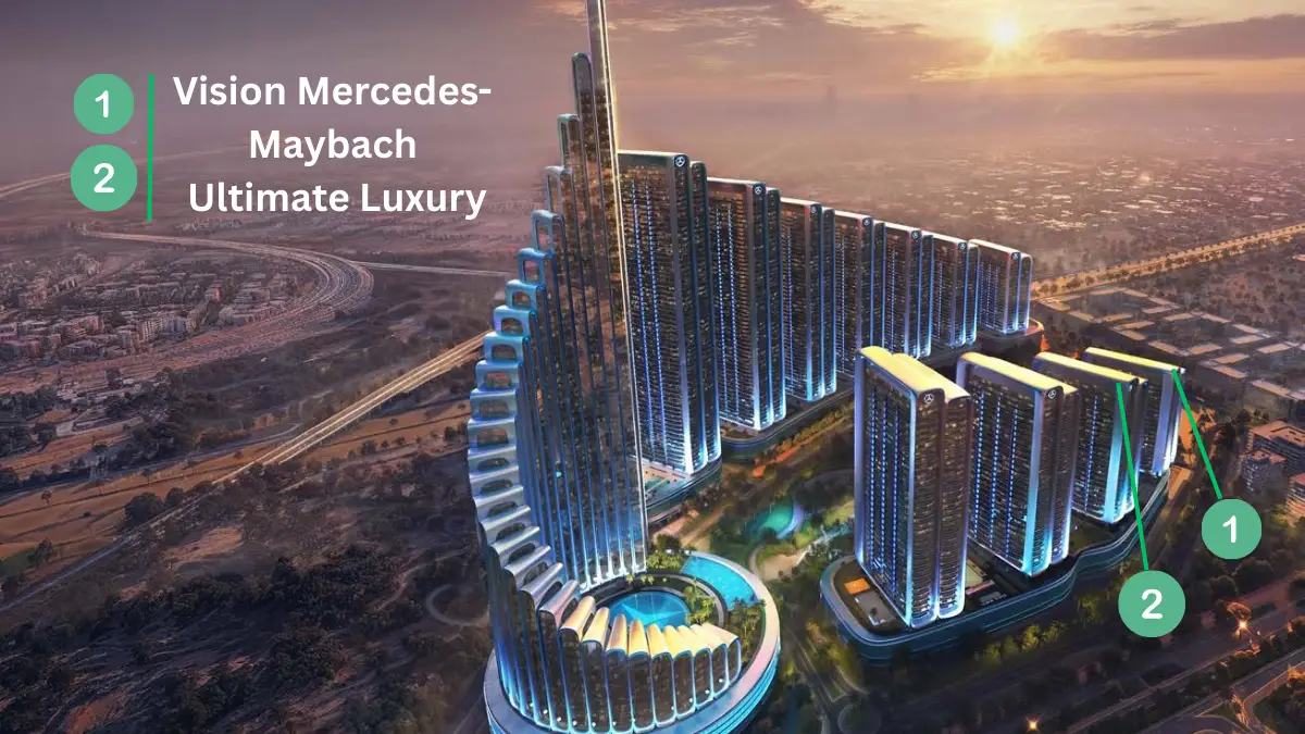 Location overview of Vision Mercedes-Maybach Ultimate Luxury situated within the Mercedes Benz Places-Binghatti City community, highlighting stepped tower architecture, integrated master planned layout, and its position inside a landmark residential destination in Dubai. Presented by Tohid Fetrat.