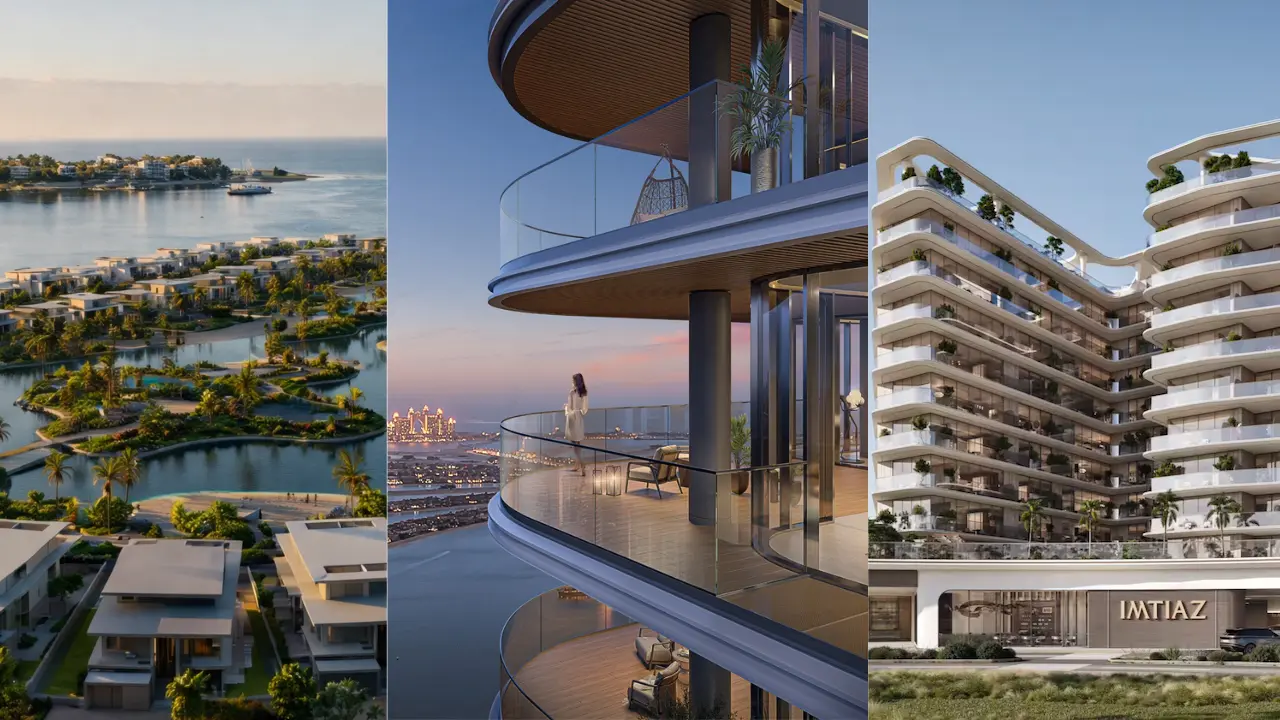 Composite view of Bay Estate Villas at Island E waterfront, Inara Residence by Imtiaz modern facade and Emaar Beachfront skyline in Dubai showcasing architecture and Gulf lifestyle Presented by Tohid Fetrat