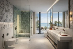 Bay Estate villas bathroom at Island E by Nakheel with marble finishes sea view and modern design Presented by Tohid Fetrat AI generated concept