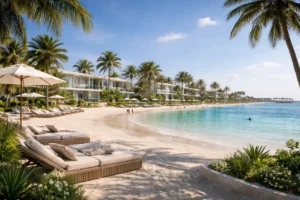 Bay Estate villas beachfront at Island E by Nakheel with white sand beach Gulf view and resort style promenade Presented by Tohid Fetrat AI generated concept